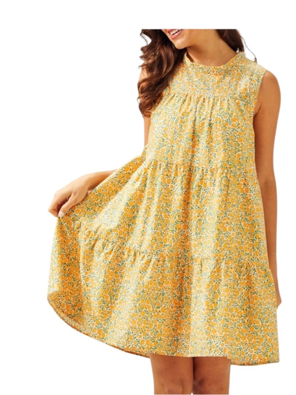 NWT ModCloth Yellow Floral Cotton Tiered Sleeveless Dress Women’s Medium Garden